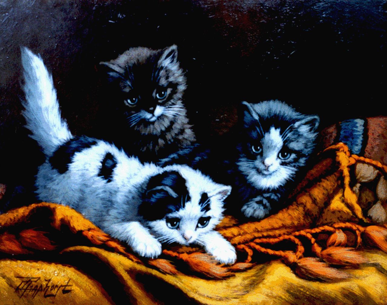 Raaphorst C.  | Cornelis Raaphorst, Three kittens, oil on canvas laid down on panel 24.3 x 31.5 cm, signed l.l.