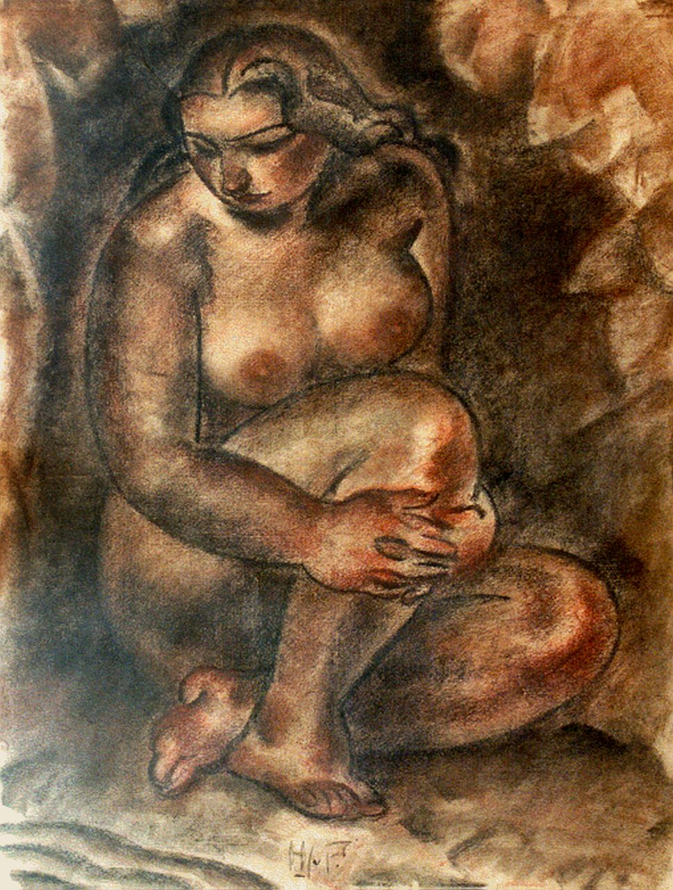Piggelen H.J. van | H.J. van Piggelen, Seated nude, pastel on paper 613.0 x 47.0 cm, signed l.m.