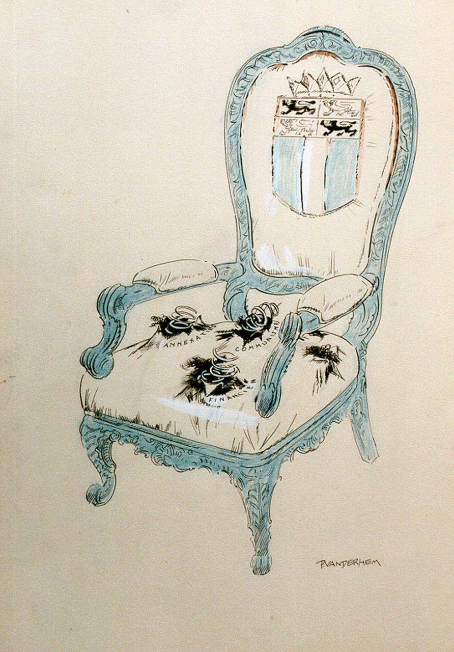 Hem P. van der | Pieter 'Piet' van der Hem, Throne of 'Annexation, Communism and Finance', watercolour, blackchalk and ink on paper 50.4 x 35.0 cm, signed l.r.