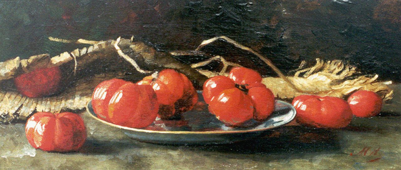 Vlielander Hein M.J.M.  | Maria Johanna Magdalena 'Marie' Vlielander Hein, Still life with vine tomatoes, oil on canvas 25.8 x 58.1 cm, signed l.r. with initials