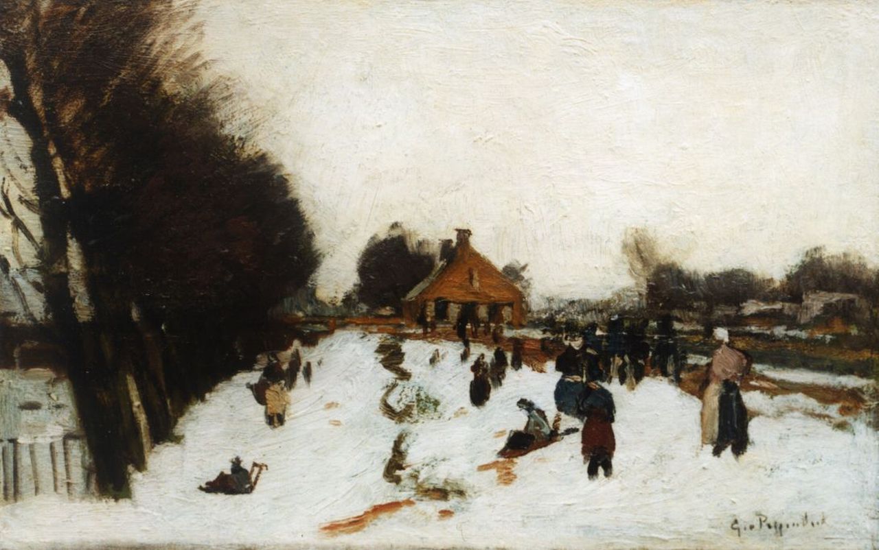 Poggenbeek G.J.H.  | George Jan Hendrik 'Geo' Poggenbeek, Having fun on the ice, oil on canvas laid down on painter's board 21.1 x 33.0 cm, signed l.r.