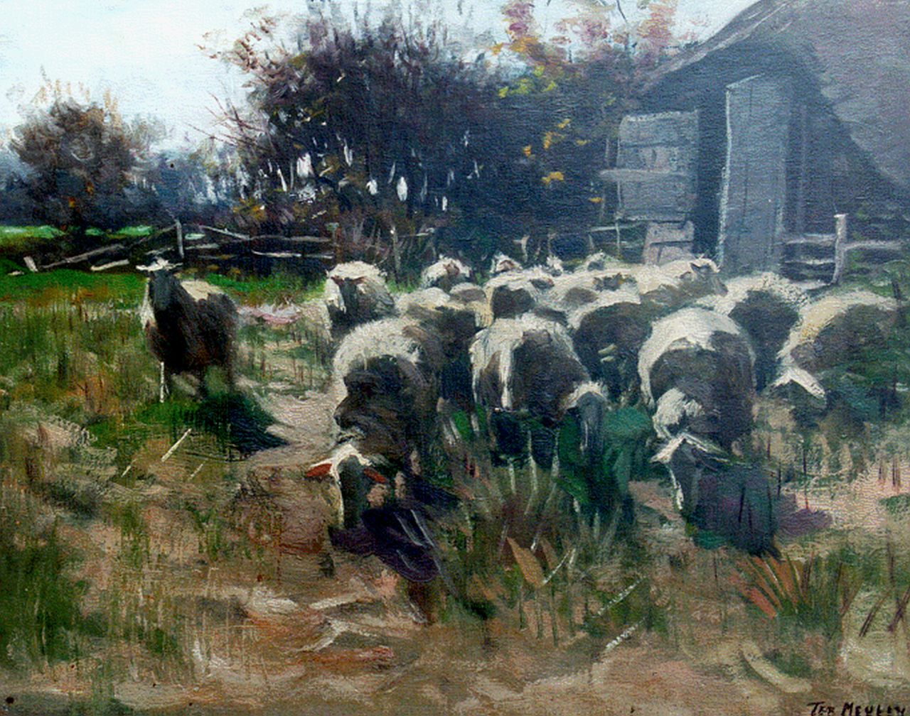 Meulen F.P. ter | François Pieter ter Meulen, A herd near a fold, oil on canvas laid down on painter's board 38.8 x 49.3 cm, signed l.r.