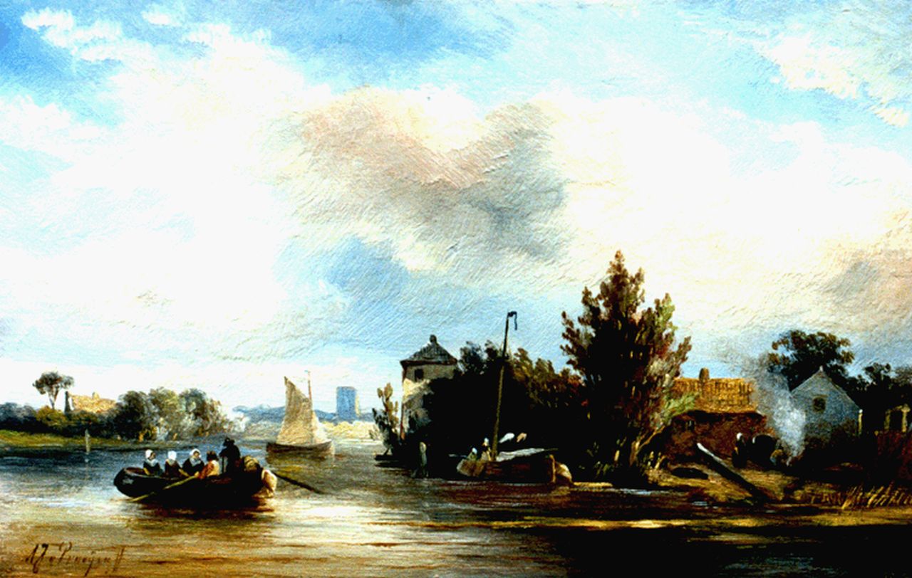 Prooijen A.J. van | Albert Jurardus van Prooijen, A ferry in a summer landscape, oil on panel 17.7 x 27.6 cm, signed l.l.