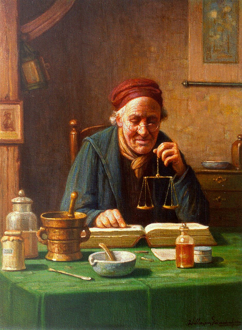Nieuwenhoven W. van | Willem van Nieuwenhoven, The pharmacist, oil on canvas 40.3 x 30.2 cm, signed l.r.