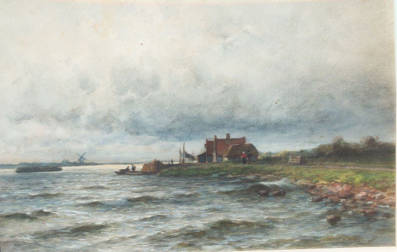 Schipperus P.A.  | Pieter Adrianus 'Piet' Schipperus, A river landscape with a ferry, watercolour on paper