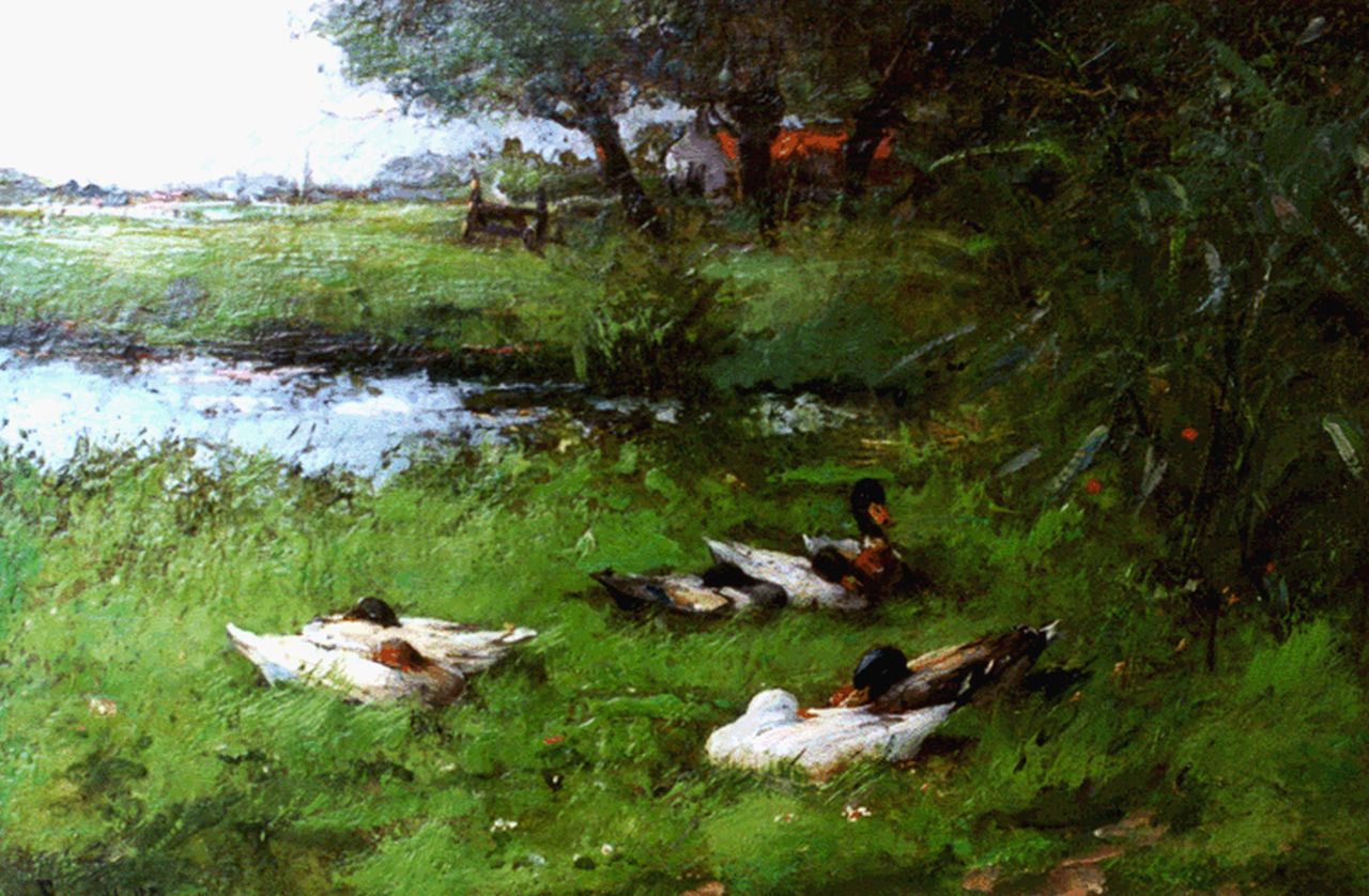 Helfferich F.W.  | Franciscus Willem 'Frans' Helfferich, Ducks by a pond, oil on panel 18.7 x 27.1 cm, signed l.l.