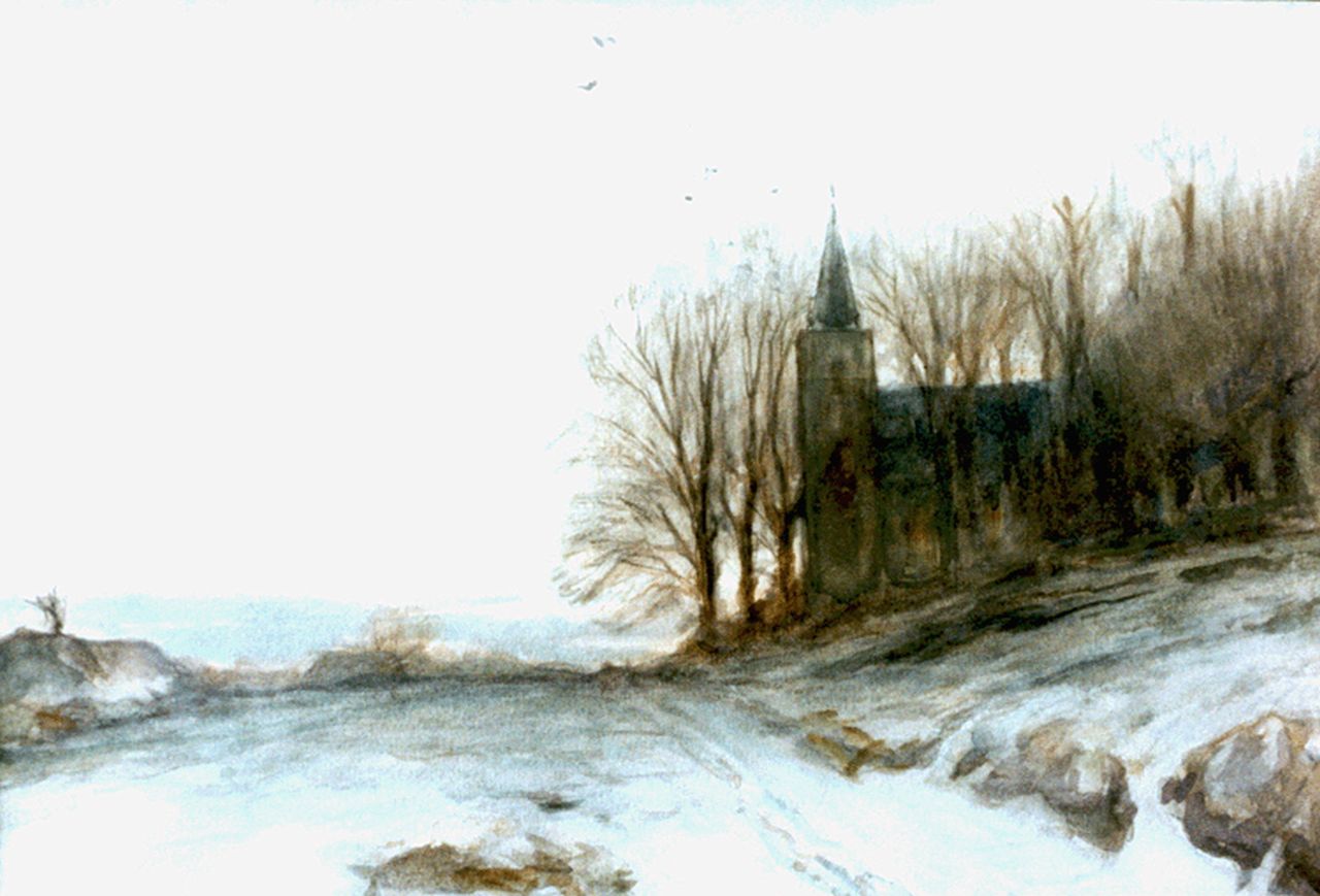 Apol L.F.H.  | Lodewijk Franciscus Hendrik 'Louis' Apol, A church in a winter landscape, watercolour on paper 24.0 x 34.5 cm, signed l.l.