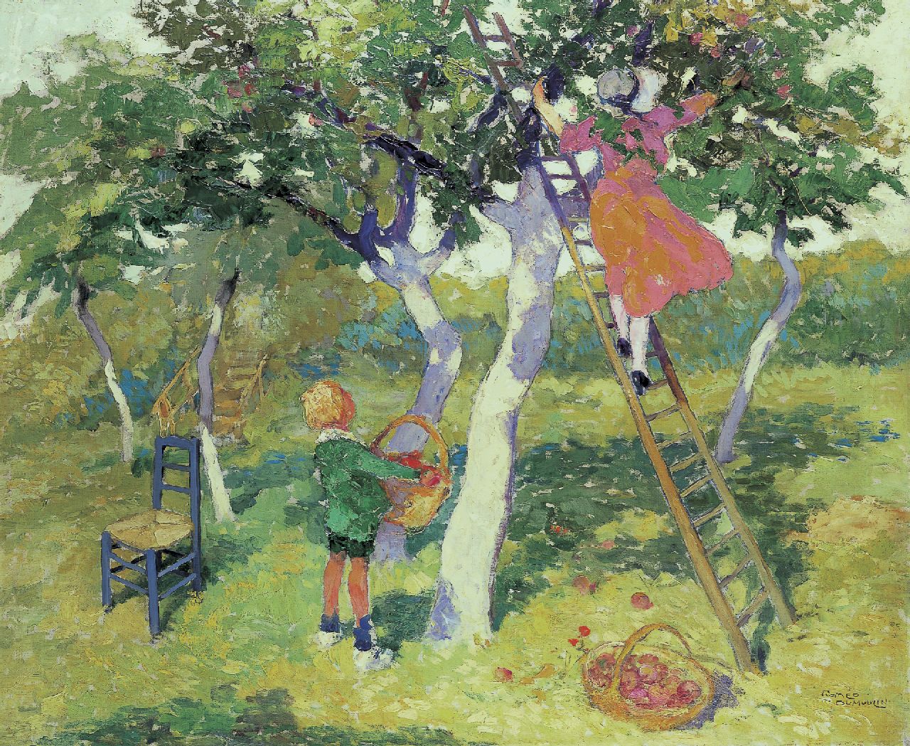 Dumoulin R.  | Roméo Dumoulin, Picking apples, oil on canvas 70.5 x 85.3 cm, signed l.r.