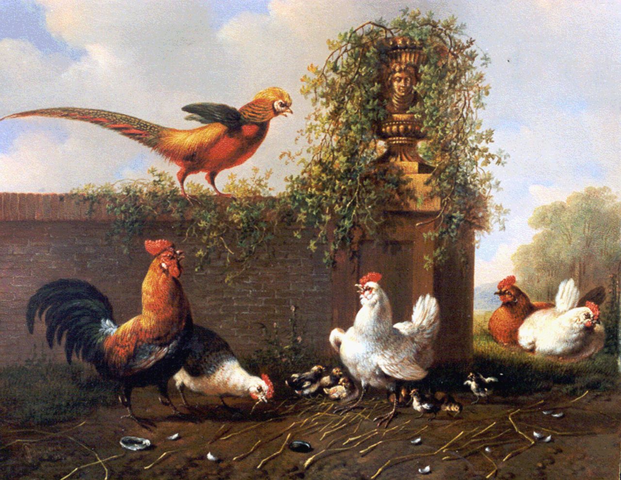 Verhoesen A.  | Albertus Verhoesen, Poultry in a classical landscape, oil on panel 20.8 x 25.9 cm, signed l.l. and dated 1857