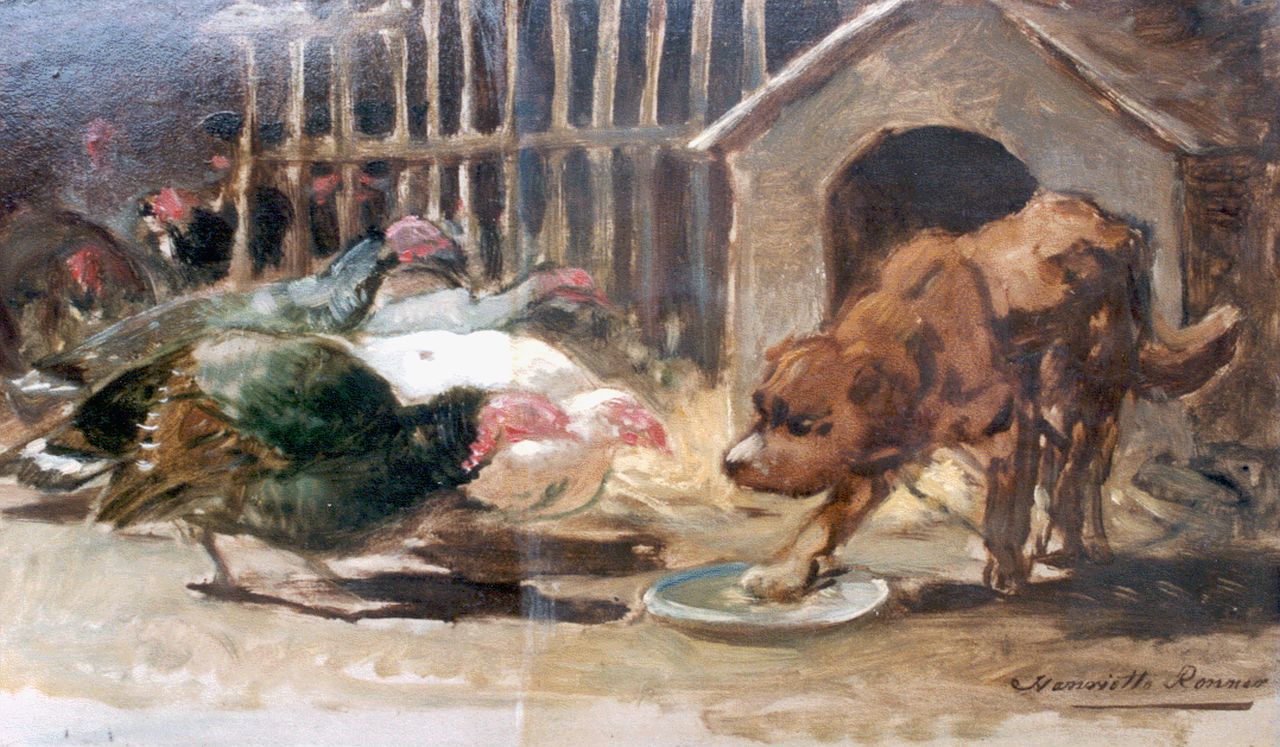 Ronner-Knip H.  | Henriette Ronner-Knip, A dog defending his meal, paper on panel 24.5 x 41.7 cm, signed l.r.