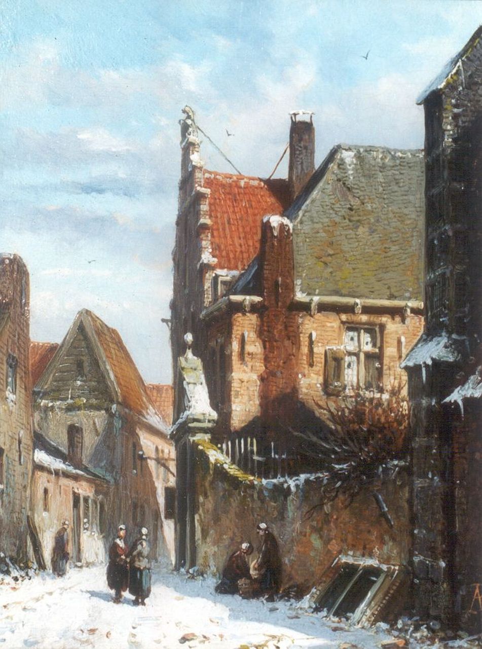 Eversen A.  | Adrianus Eversen, A snow-covered town (counterpart of inventory number 7313), oil on panel 19.1 x 14.7 cm, signed l.r. with monogram