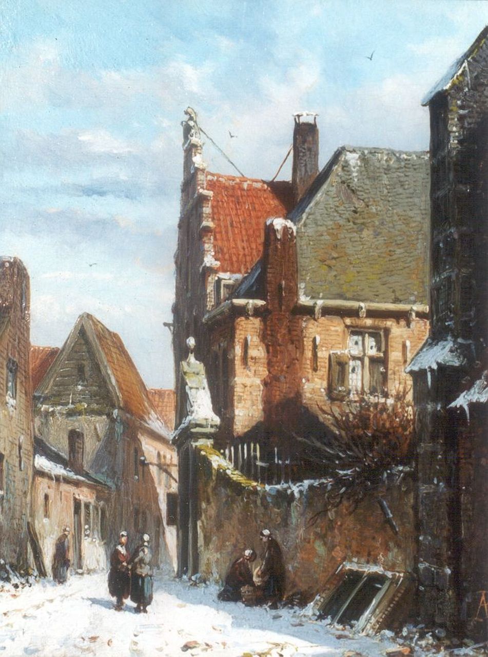 Eversen A.  | Adrianus Eversen, A snow-covered town (counterpart of inventory number 7313), oil on panel 19.1 x 14.7 cm, signed l.r. with monogram