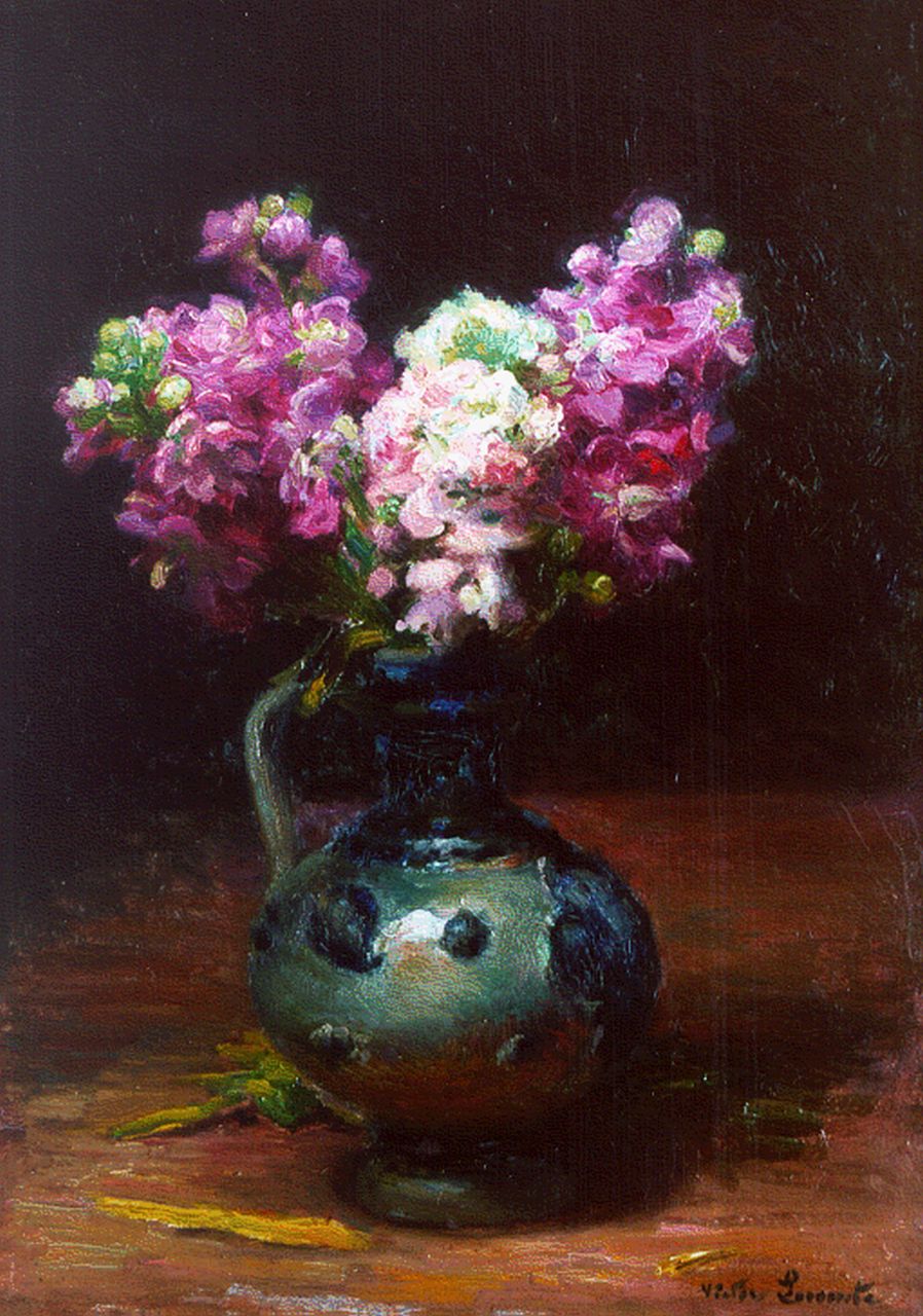 Lecomte V.  | Victor Lecomte, A still life with pink flowers, oil on panel 34.0 x 24.8 cm, signed l.r. and dated 1912 on the reverse