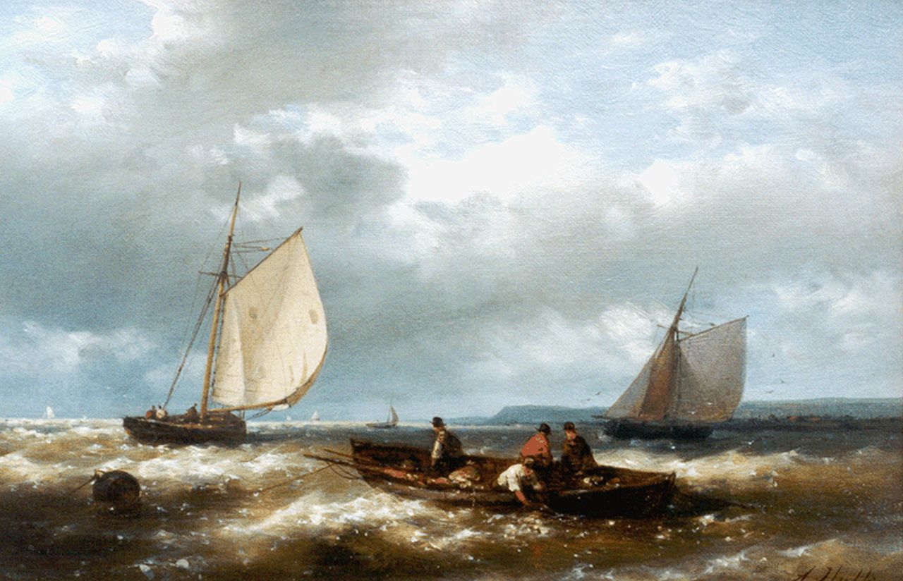 Hulk A.  | Abraham Hulk, Sailors in a row-boat off the coast, oil on canvas 20.4 x 30.6 cm, signed l.r.
