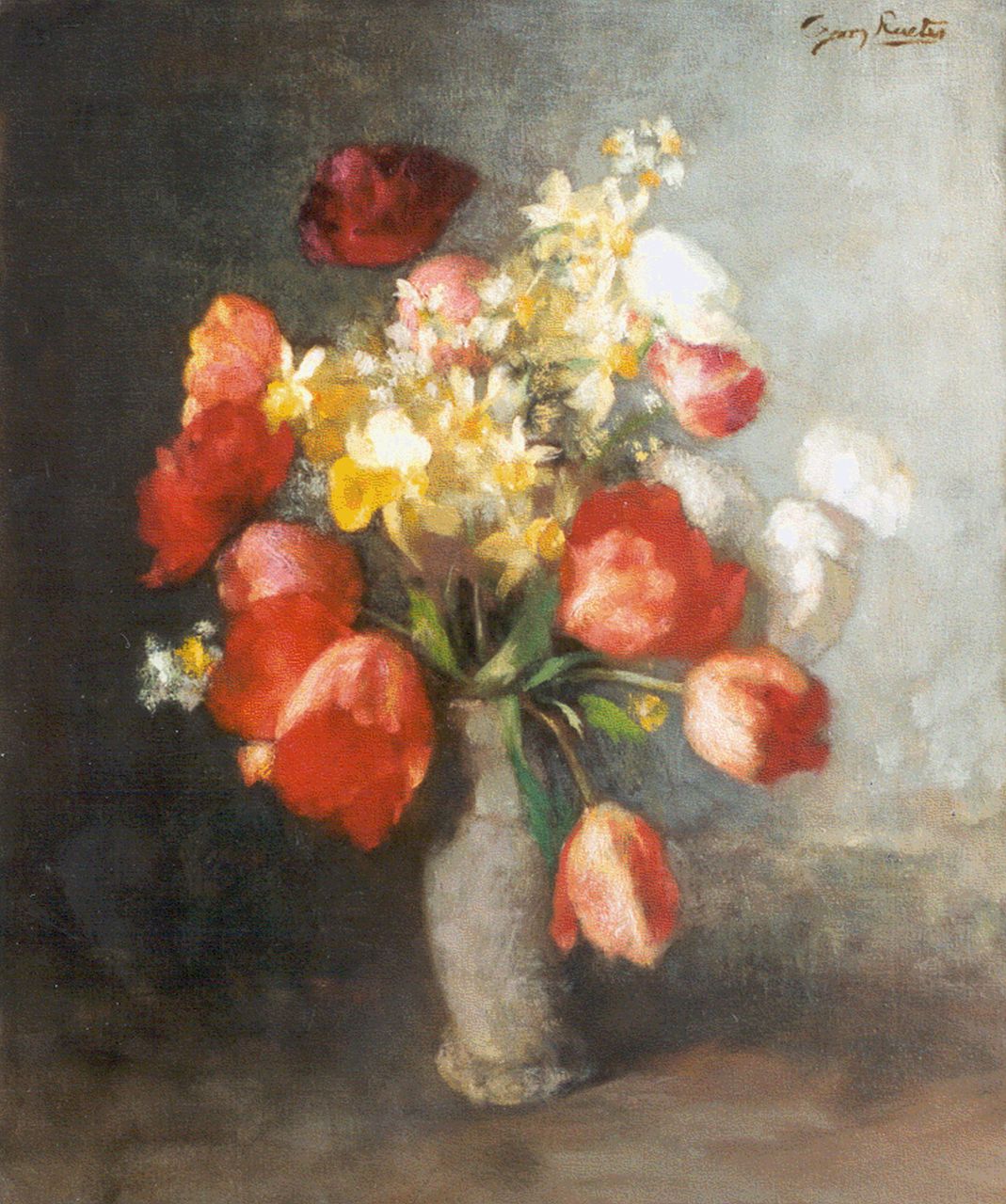 Rueter W.C.G.  | Wilhelm Christian 'Georg' Rueter, A still life with tulips and daffodils, oil on canvas 59.5 x 51.0 cm, signed u.r.