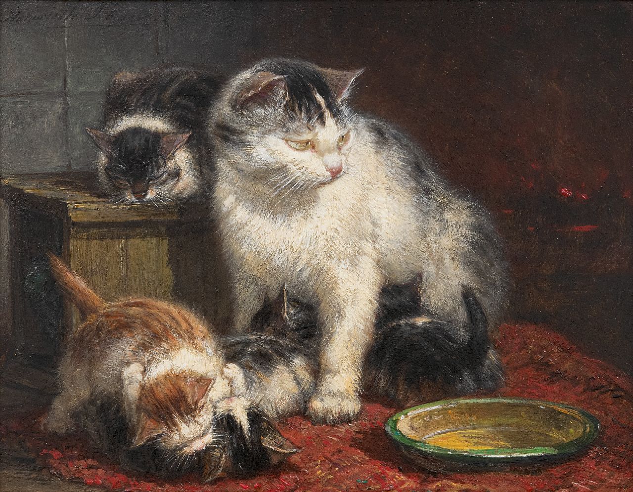 Ronner-Knip H.  | Henriette Ronner-Knip, A watchful mother, oil on panel 16.1 x 20.3 cm, signed u.l.