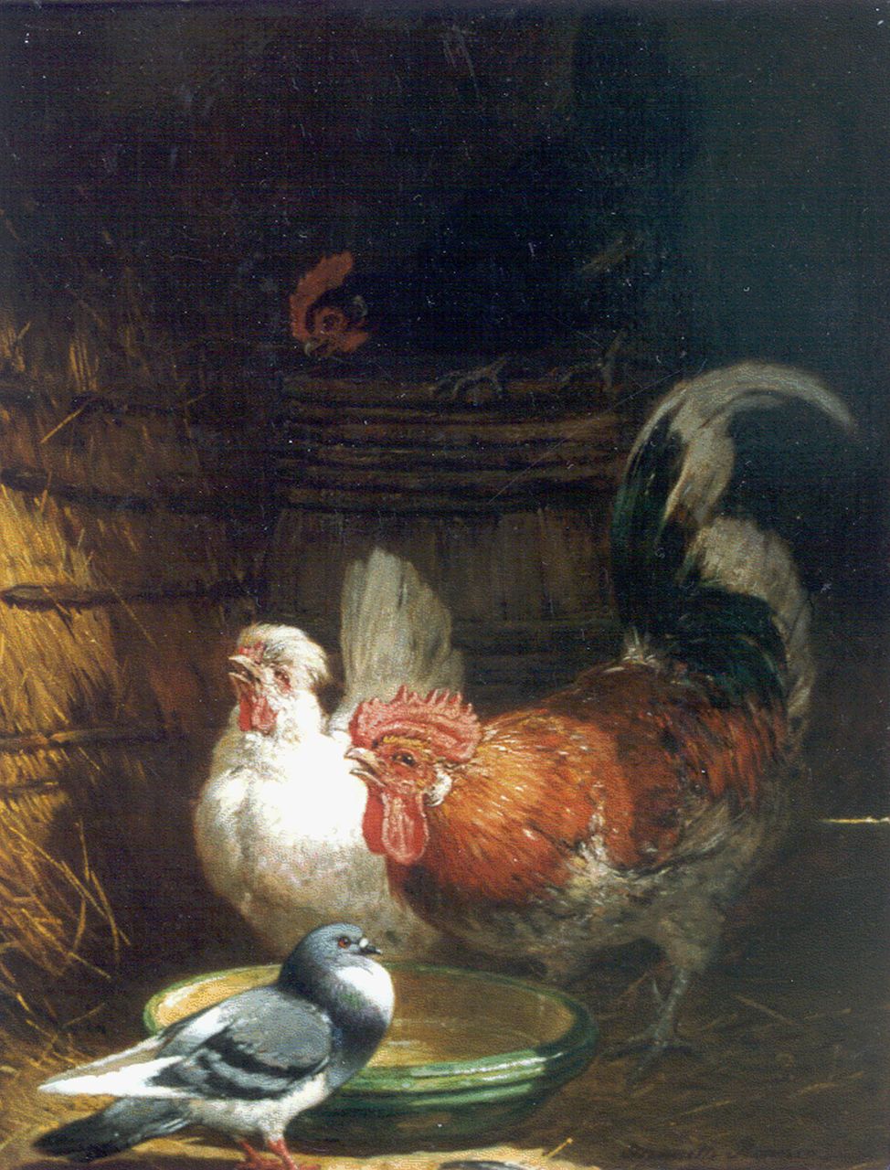 Ronner-Knip H.  | Henriette Ronner-Knip, A stable interior with poultry, oil on panel 40.1 x 31.4 cm, signed l.r.
