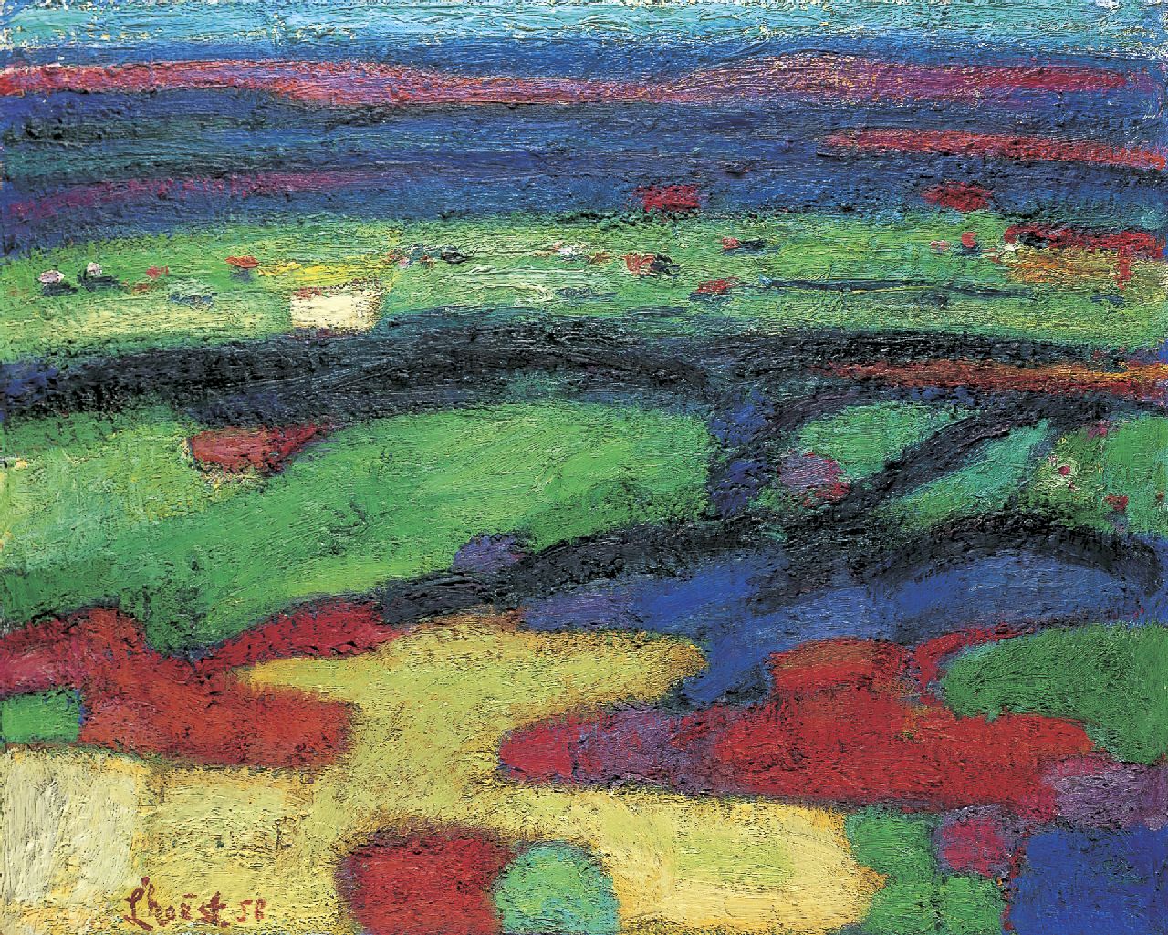 L'Hoëst E.  | Engelbert L'Hoëst, Evening landscape, mixed media on canvas 80.0 x 100.0 cm, signed l.l. and dated '58