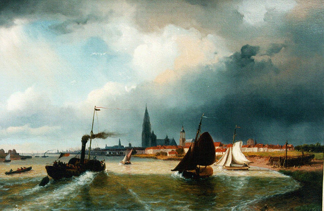 Roosenboom N.J.  | Nicolaas Johannes Roosenboom, Paddle steamer on the Schelde, Antwerpen, oil on panel 35.0 x 52.3 cm, signed l.r.