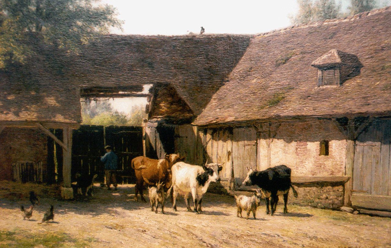 Nakken W.K.  | Willem Karel 'W.C.' Nakken, A farmstead with cattle, oil on canvas laid down on painter's board 35.0 x 54.9 cm, signed l.r.