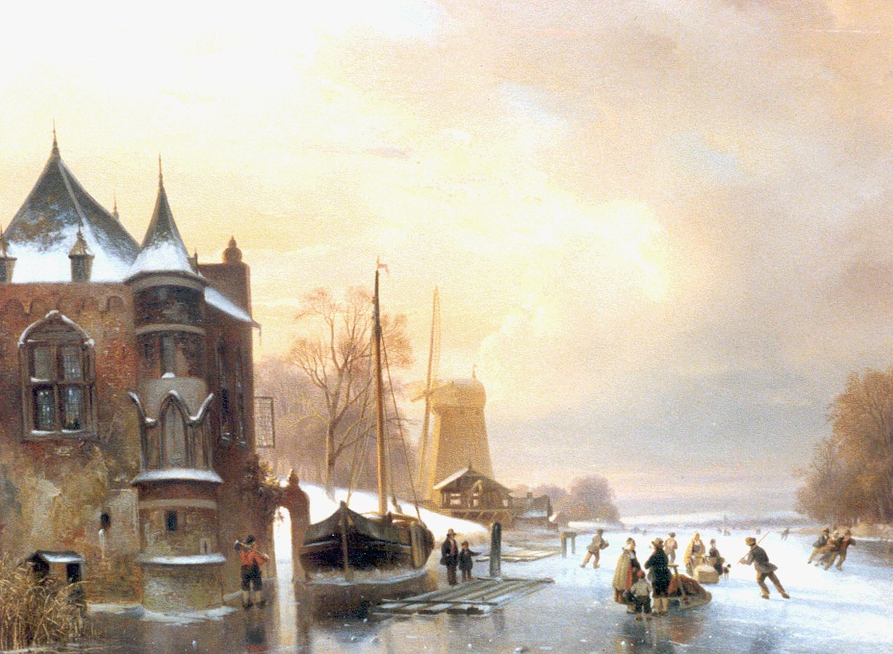 Roosenboom N.J.  | Nicolaas Johannes Roosenboom, A winter landscape with skaters on the ice, oil on panel 49.5 x 63.0 cm, signed l.l.
