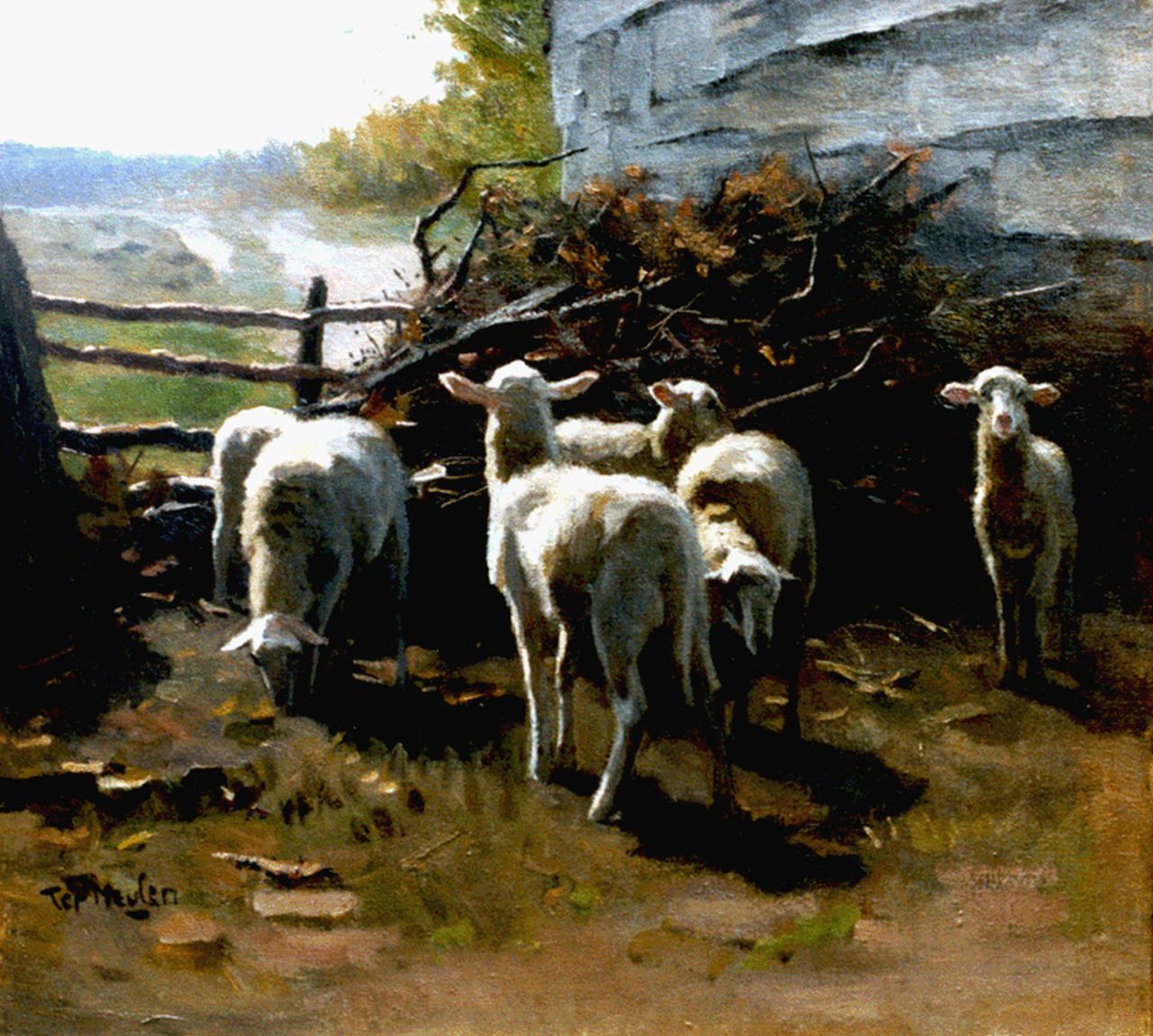 Meulen F.P. ter | François Pieter ter Meulen, Lambs by a barn, oil on canvas 43.4 x 47.7 cm, signed l.l.