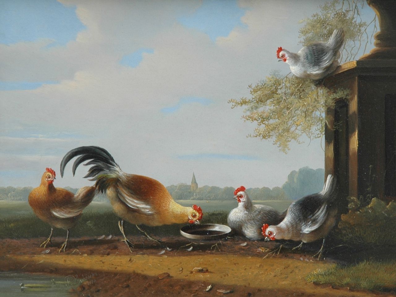 Verhoesen A.  | Albertus Verhoesen, Chicken near a garden vase, oil on panel 24.3 x 31.3 cm, signed l.l. and painted 1850