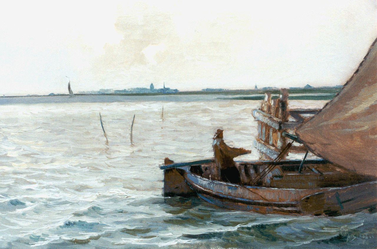 Schotel A.P.  | Anthonie Pieter Schotel, Flatboat on the Ijsselmeer, oil on canvas 32.5 x 48.5 cm, signed l.r. and dated '26