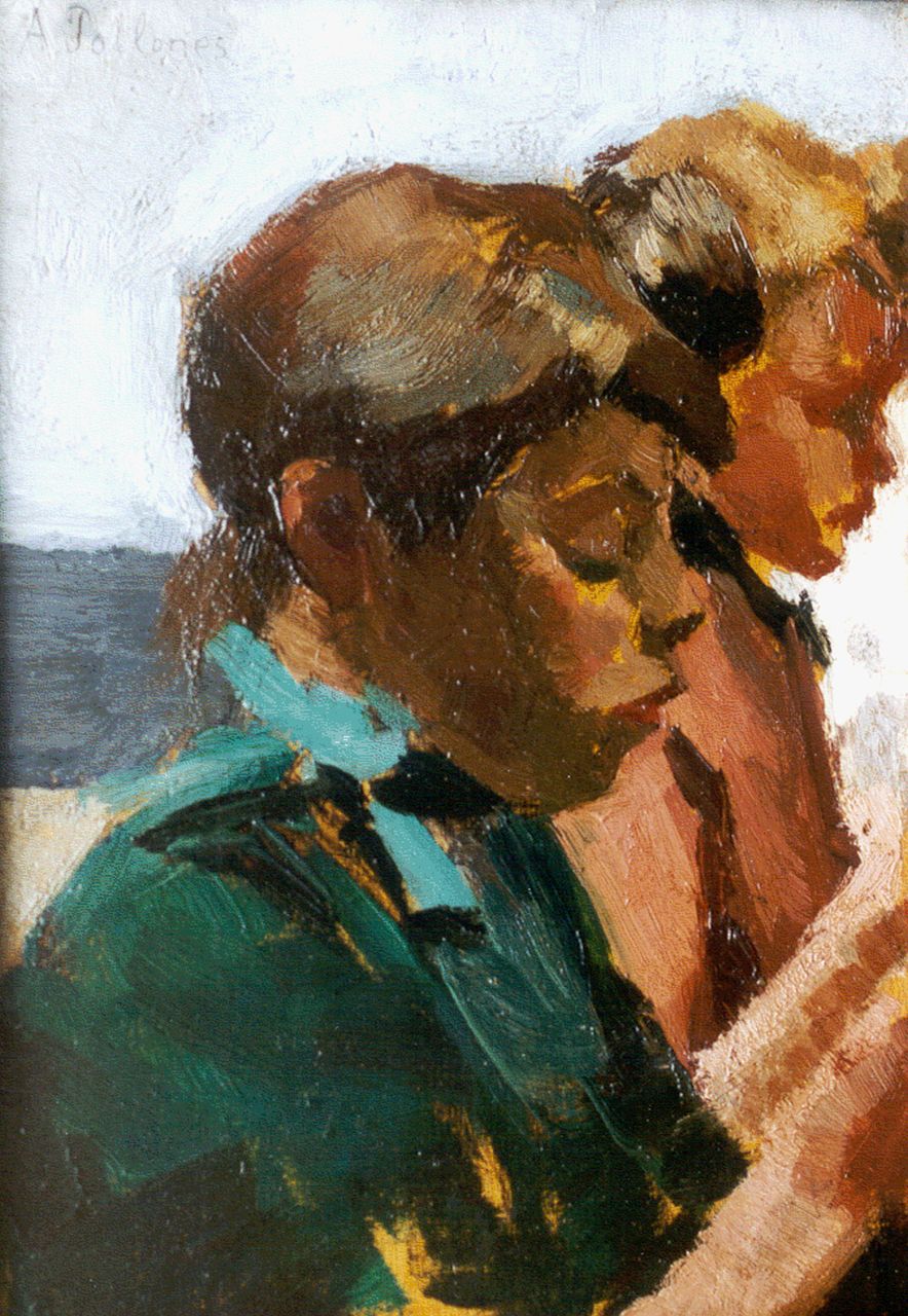 Pollones J.A.  | Jean Albert Pollones, Two girls at work, oil on panel 21.8 x 15.6 cm, signed u.l.