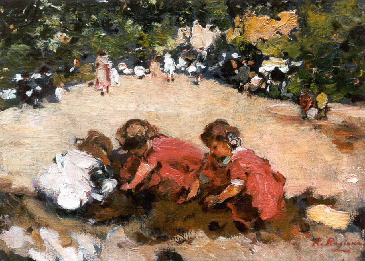 Ragione R.  | Raffaele Ragione, Children playing in a park, 27.0 x 36.0 cm, signed l.r.