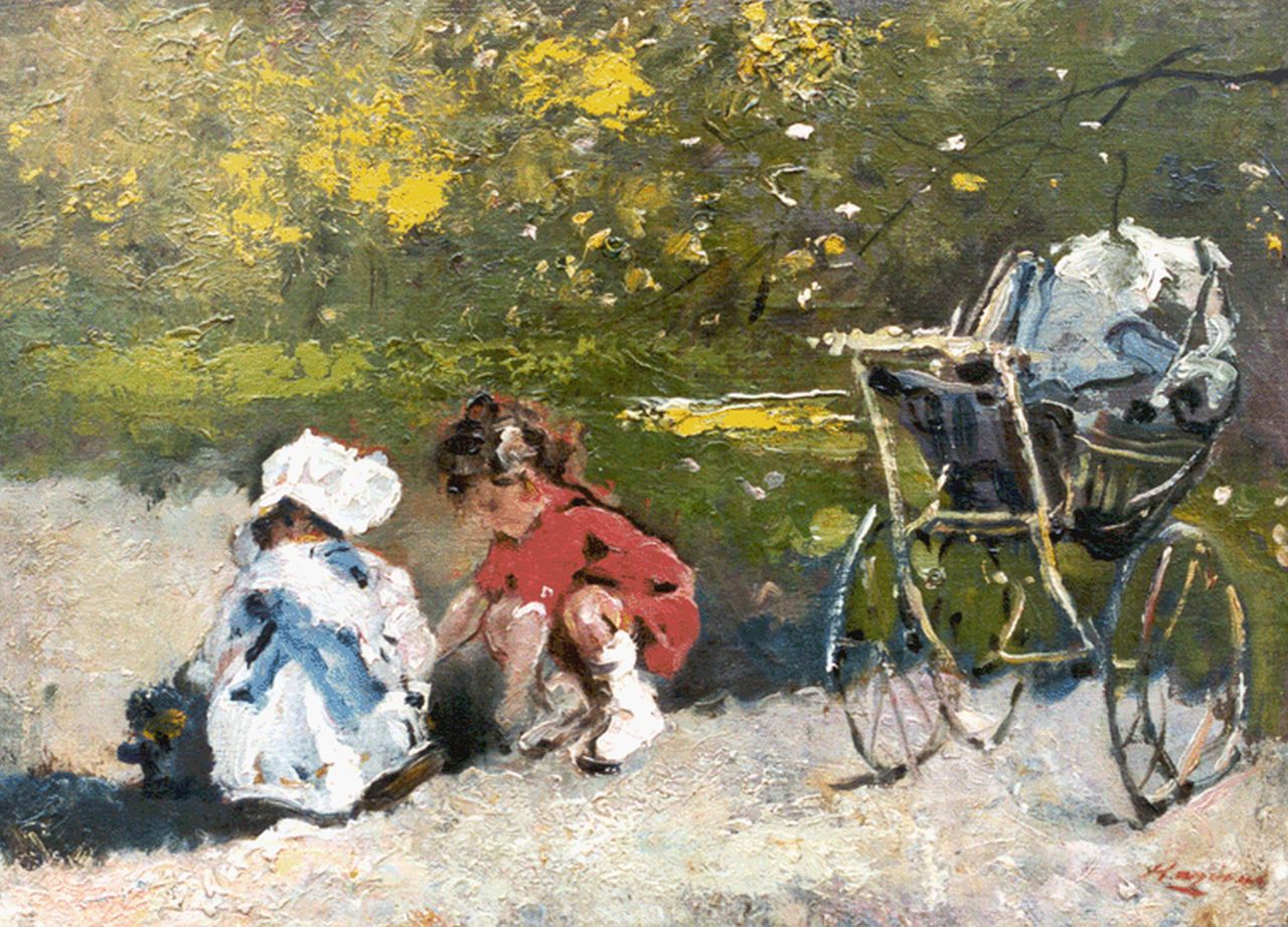 Ragione R.  | Raffaele Ragione, Children playing in a park, oil on canvas 29.0 x 39.7 cm, signed l.r.
