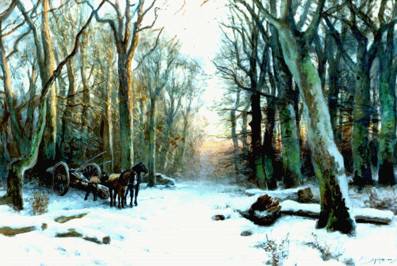 Schipperus P.A.  | Pieter Adrianus 'Piet' Schipperus, Gathering wood in winter, watercolour on paper 37.0 x 54.5 cm, signed l.r.