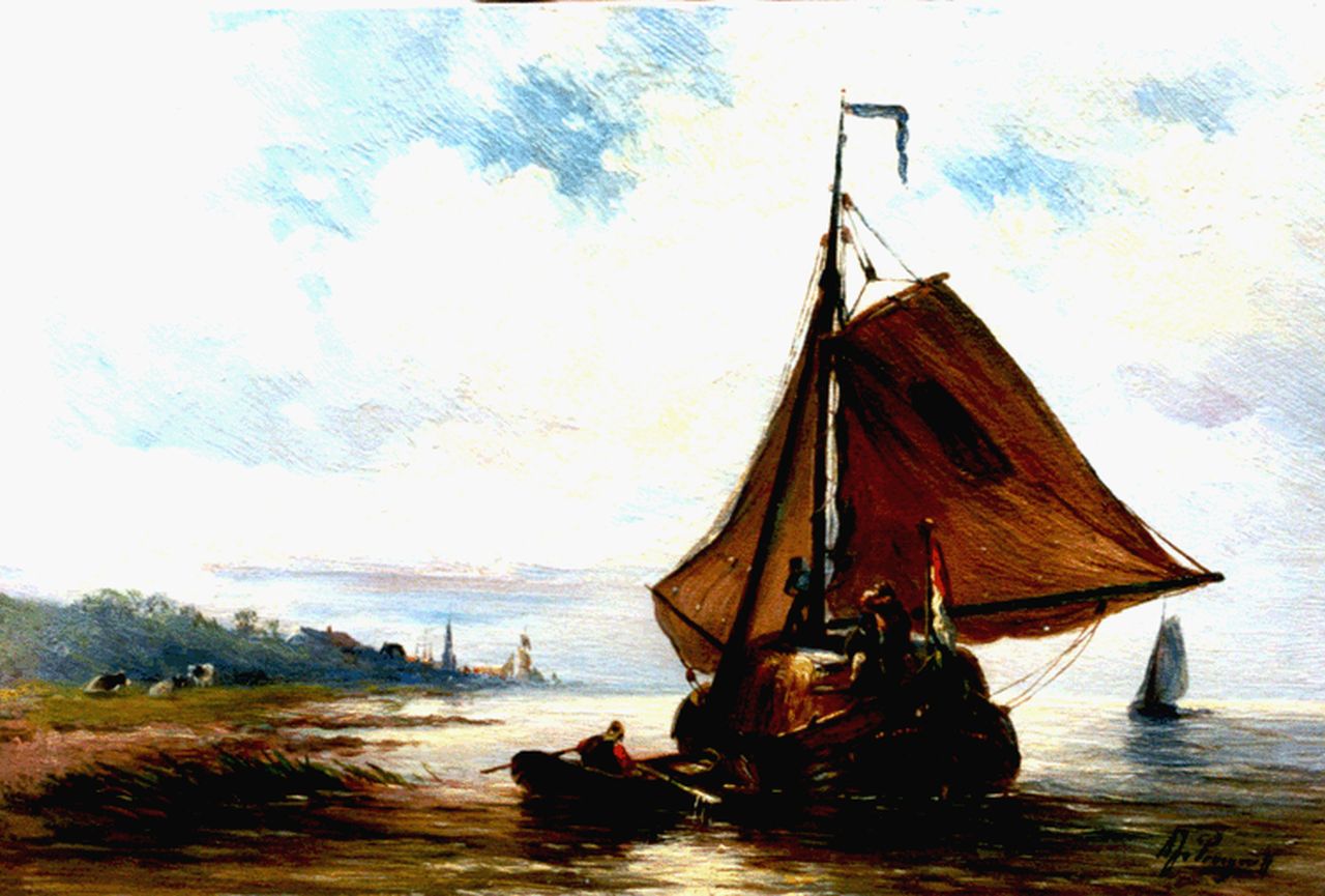 Prooijen A.J. van | Albert Jurardus van Prooijen, A haybarge, oil on panel 19.1 x 28.3 cm, signed l.r.