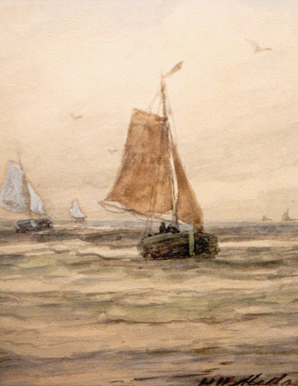 Mesdag H.W.  | Hendrik Willem Mesdag, 'Bomschuiten' in full sail, watercolour on paper 18.3 x 13.0 cm, signed l.r.