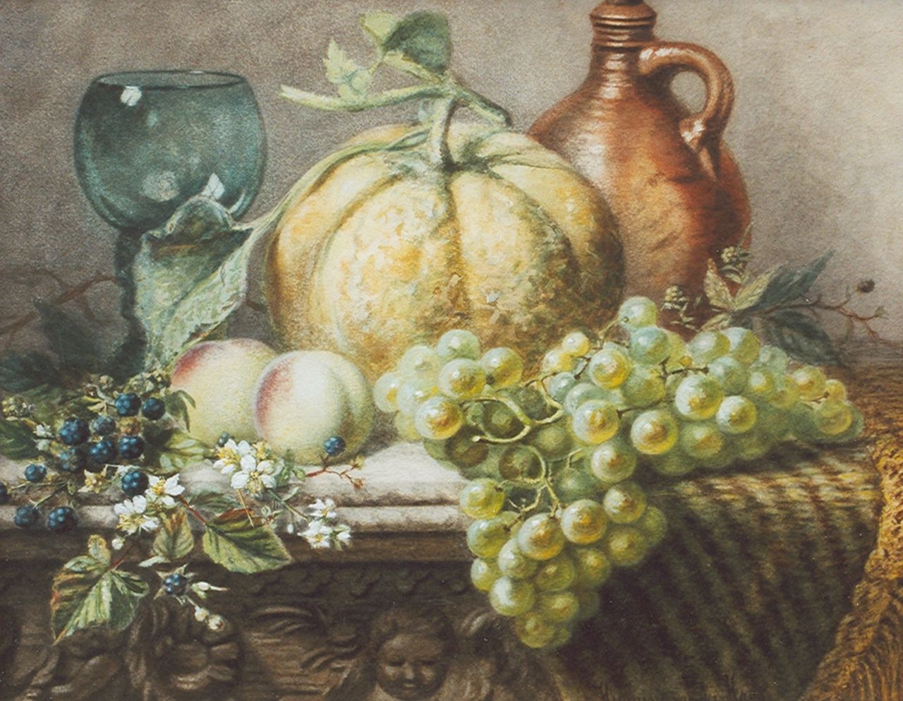 Haas C.P.H. van der | Charlotte Petronella 'Hermina' van der Haas, Still life with fruit and a rummer, watercolour on paper 39.1 x 48.8 cm, signed l.r.