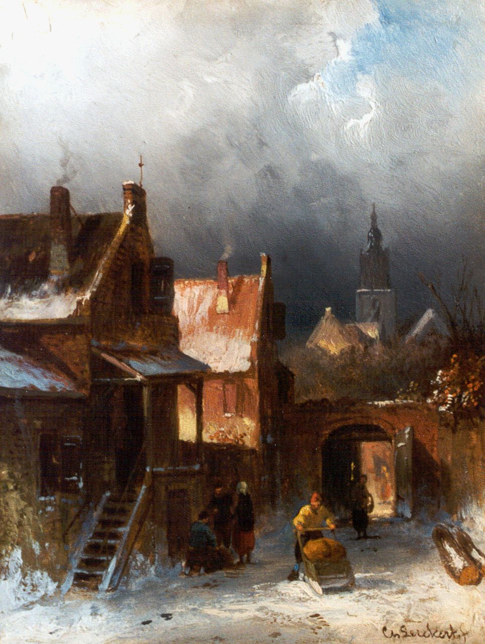 Leickert C.H.J.  | 'Charles' Henri Joseph Leickert, A snow-covered town, oil on panel 20.6 x 15.7 cm, signed l.r.