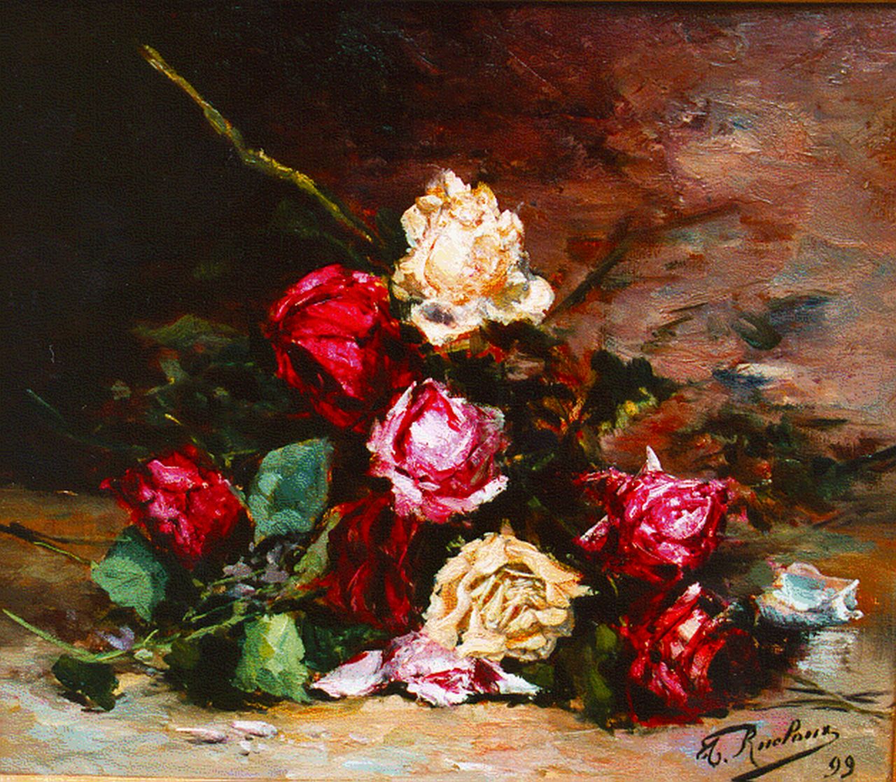 Rucloux T.  | Thérèse Rucloux, A still life with roses, oil on canvas 36.0 x 43.5 cm, signed l.r.