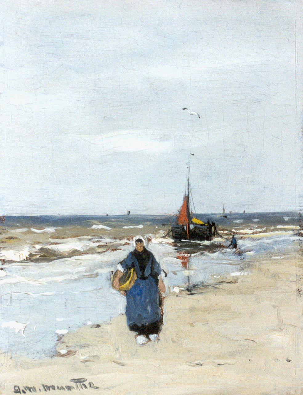 Munthe G.A.L.  | Gerhard Arij Ludwig 'Morgenstjerne' Munthe, Fisherwoman on the beach of Katwijk, oil on painter's cardboard 21.0 x 16.0 cm, signed l.l.