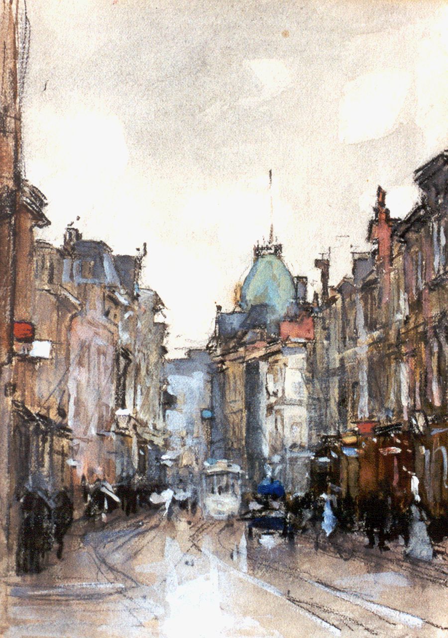 Arntzenius P.F.N.J.  | Pieter Florentius Nicolaas Jacobus 'Floris' Arntzenius, A view of the 'Gravenstraat', Den Haag, black chalk and watercolour on paper 20.1 x 14.8 cm, signed l.r.