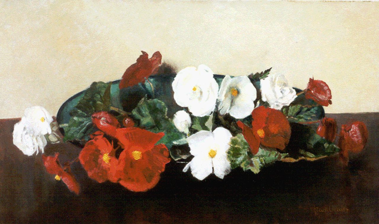Oerder F.D.  | 'Frans' David Oerder, A platter with red and white begonias, oil on canvas 60.3 x 100.1 cm, signed l.r.