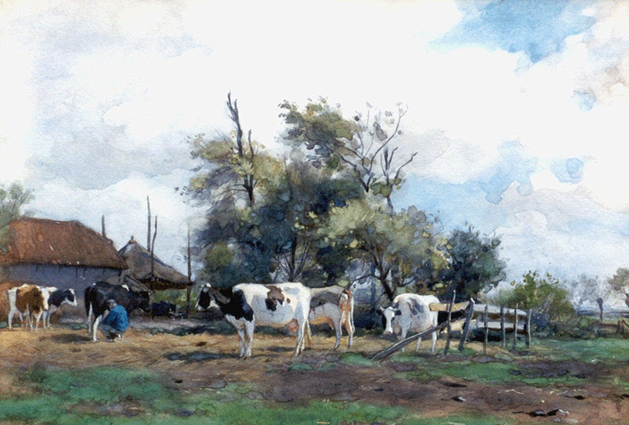Groenewegen A.J.  | Adrianus Johannes Groenewegen, Milking the cows, watercolour on paper 25.7 x 36.0 cm, signed l.l.