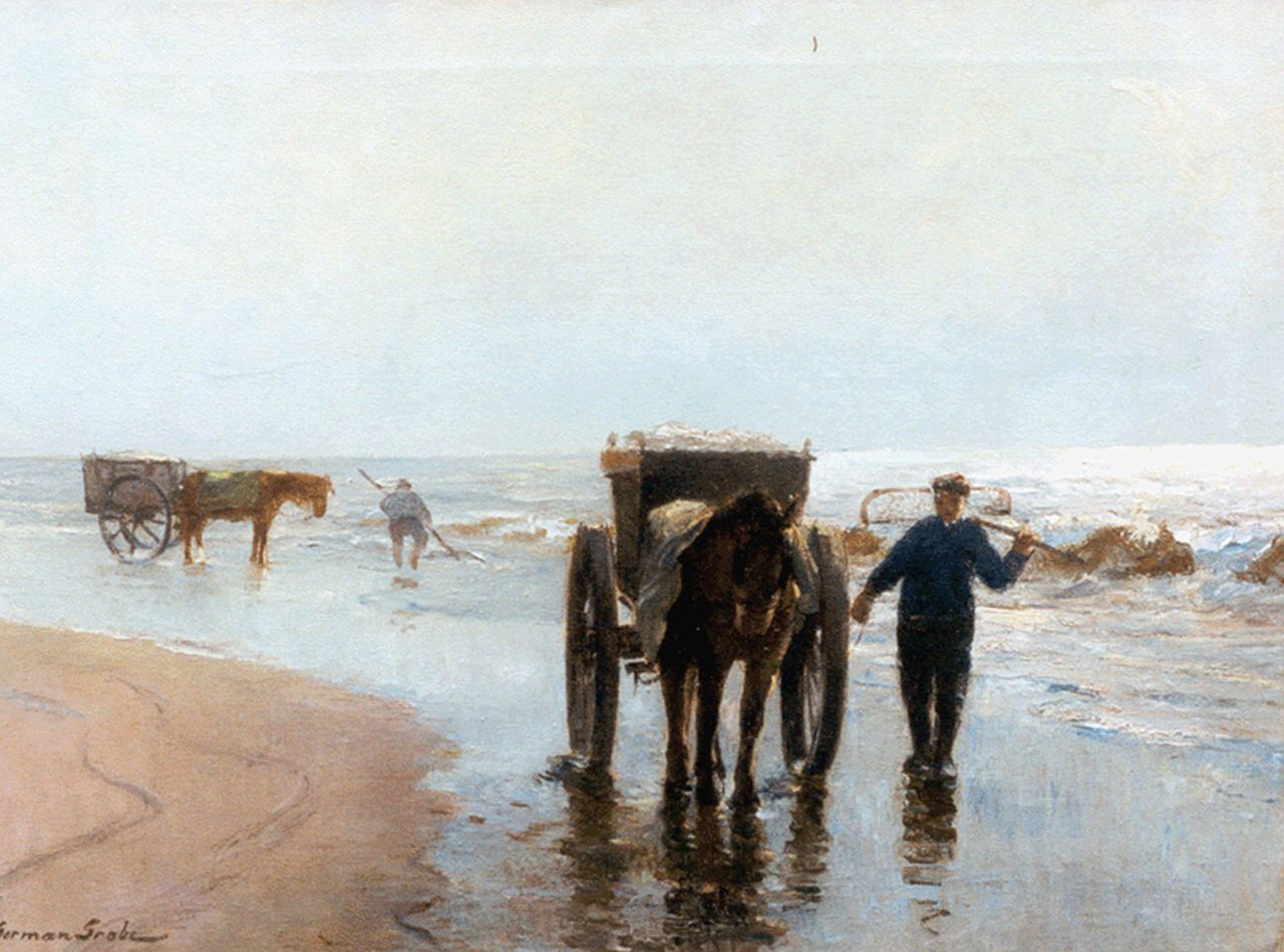 Grobe P.G.  | Philipp 'German' Grobe, Shell-gatherers on the beach of Katwijk, oil on canvas 55.9 x 74.6 cm, signed l.l.