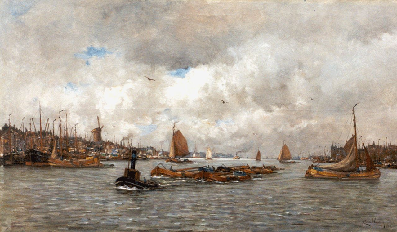 Waning C.A. van | Cornelis Anthonij 'Kees' van Waning, Activities on the river the Maas, Rotterdam, oil on canvas 83.3 x 143.6 cm, signed l.r. and dated 1919