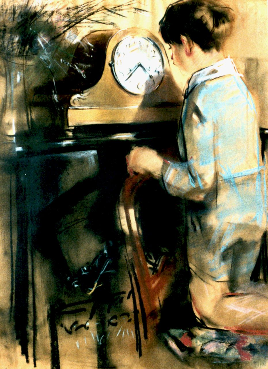 Meegeren H.A. van | Henricus Antonius 'Han' van Meegeren, A boy by a clock, pastel and black chalk on paper 63.9 x 48.0 cm, signed l.l. and dated '14