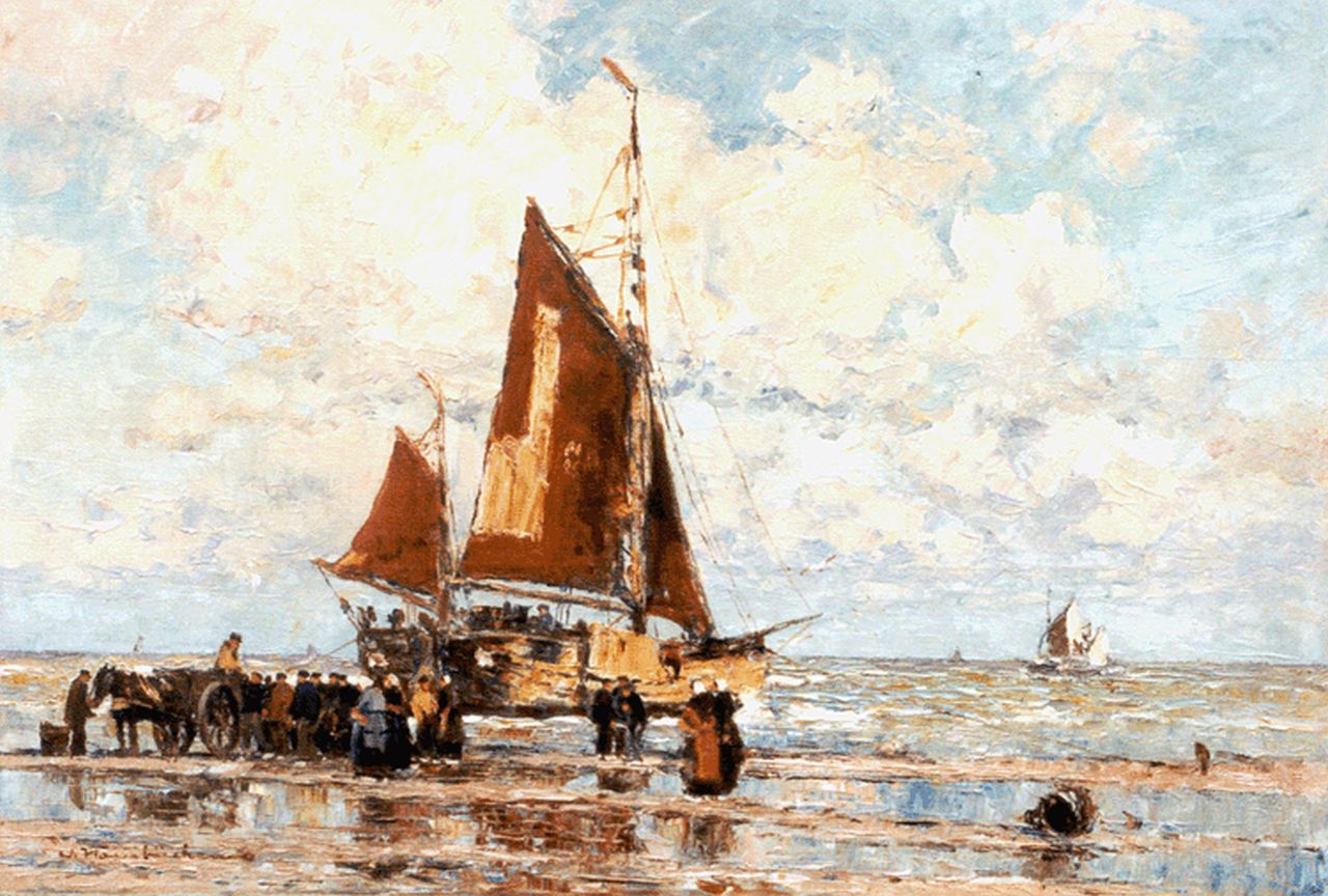 Hambüchen W.  | Wilhelm Hambüchen, Fisherfolk on the beach of Katwijk, oil on canvas 45.4 x 65.2 cm, signed l.l.