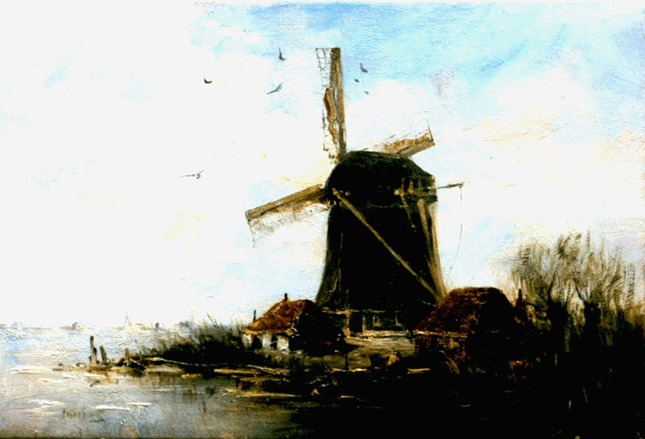 Smith H.  | Hobbe Smith, A windmill in a polder landscape, oil on canvas 21.3 x 31.8 cm, signed l.l.