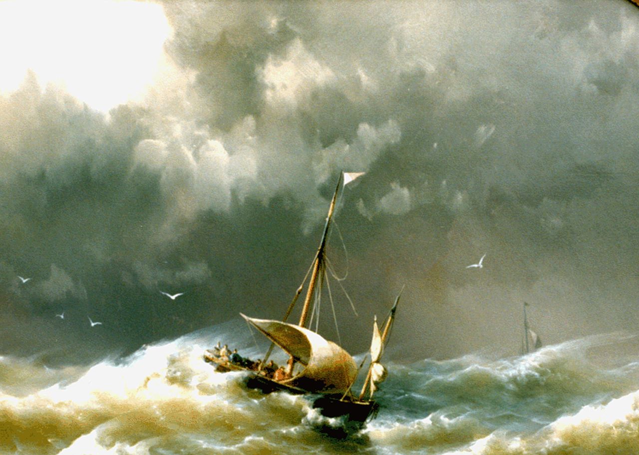 Koekkoek jr. H.  | Hermanus Koekkoek jr., Vessels caught in a squall, oil on panel 30.7 x 44.5 cm, signed l.r. and dated 1862