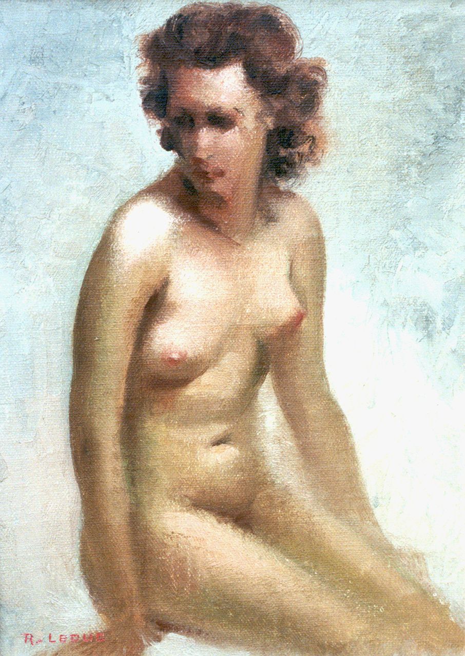 Leduc R.  | René Leduc, A seated nude, oil on canvas laid down on painter's board 30.0 x 22.0 cm, signed l.l.