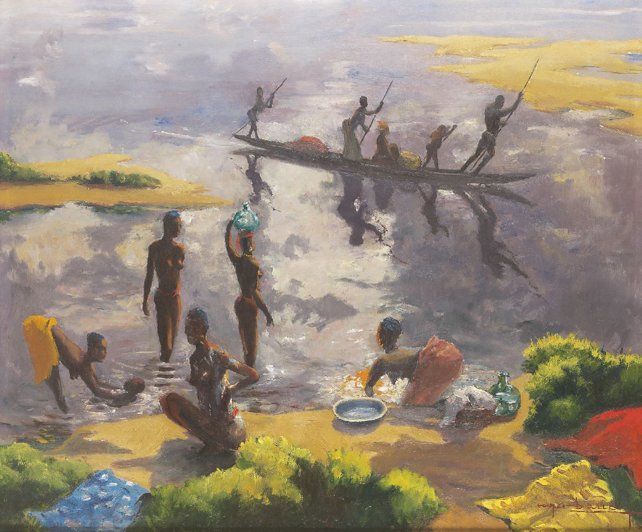 Baudry R.  | Roger Baudry, African women bathing, oil on painter's board 78.0 x 93.7 cm, signed l.r.