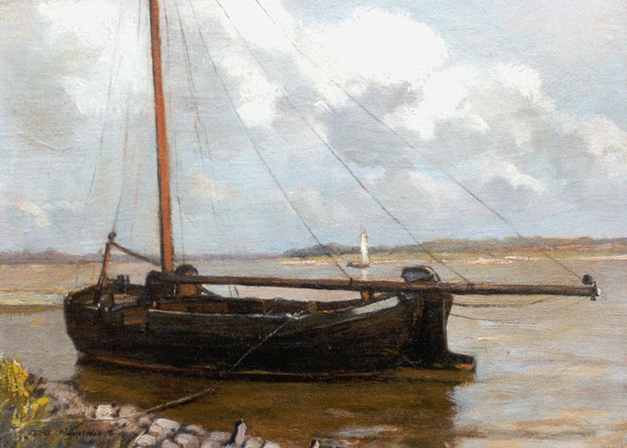 Münninghoff X.A.F.L.  | 'Xeno' Augustus Franciscus Ludovicus Münninghoff, A moored flatboat, oil on canvas laid down on painter's board 21.4 x 29.4 cm, signed l.l.